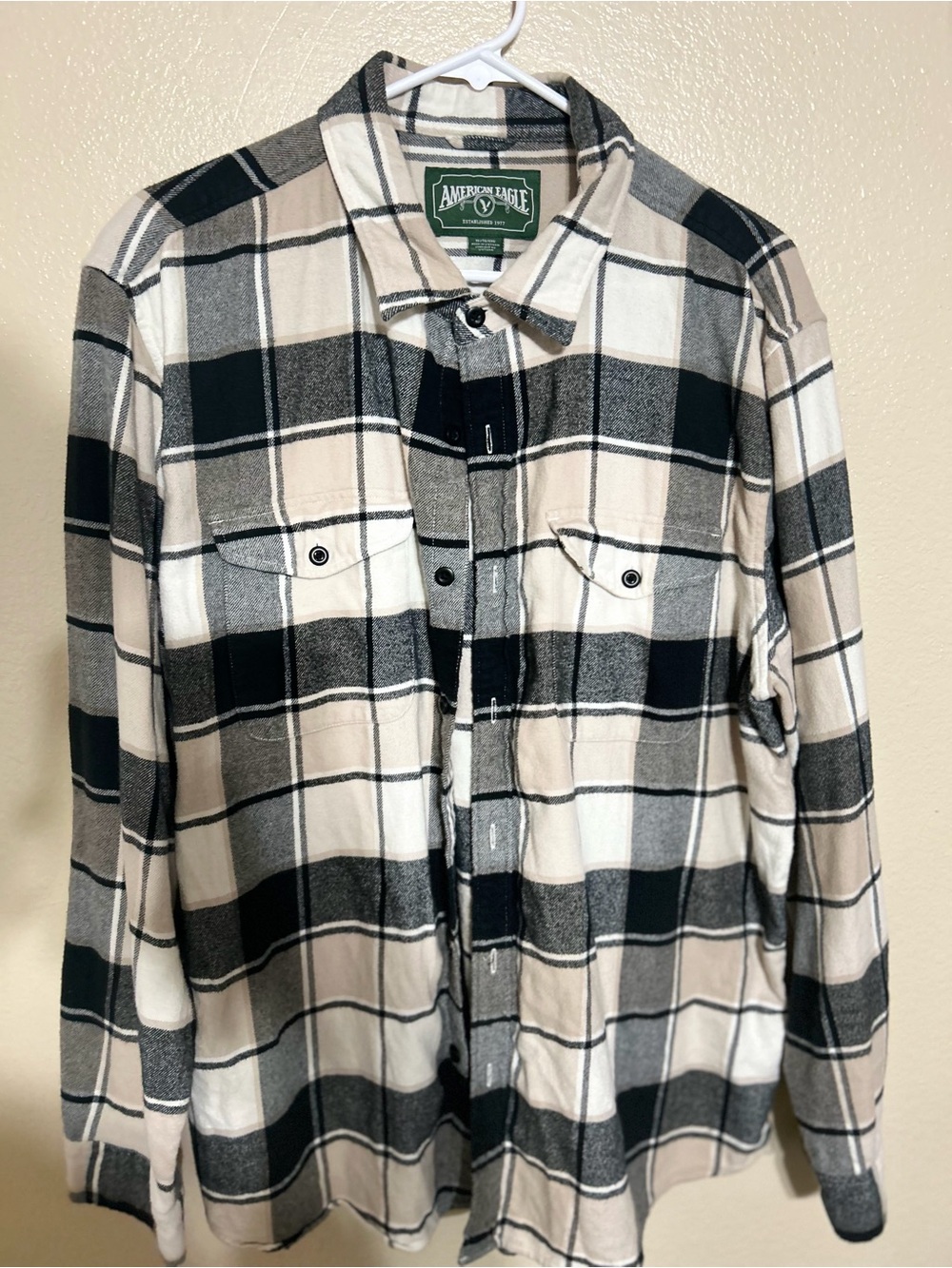 American Eagle Outfitters Black, Beige & White Plaid Button-Up Shirt